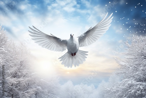 Greeting card for Merry Christmas and Happy New Year with space for text. Joyful snowbird in a winter landscape. Snowy background. Winter fairy tale. photo