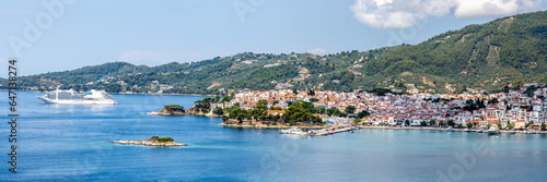 Skiathos town with cruise ship vacation panorama at the Mediterranean Sea Aegean island in Greece