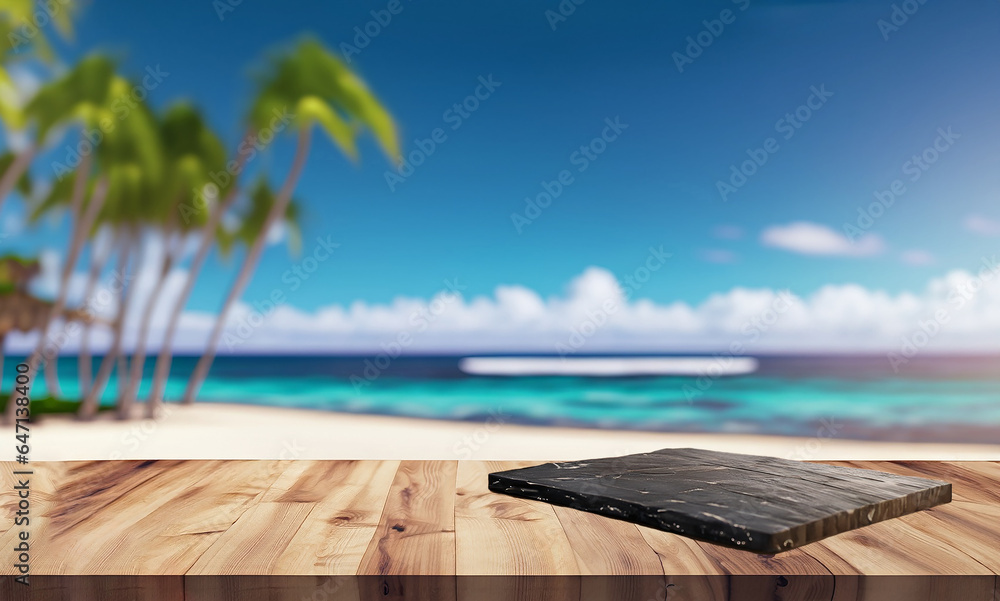 Wooden countertop by the sea. 