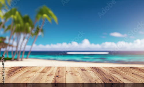 Wooden countertop by the sea. 