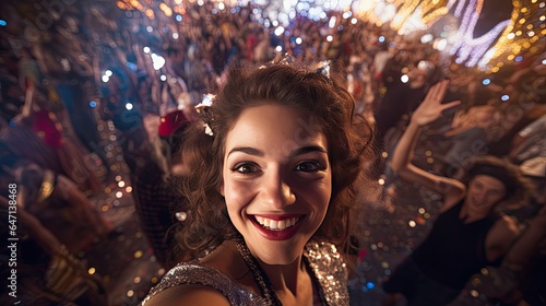 Model capturing a festive selfie amidst a crowd during a carnival or parade
