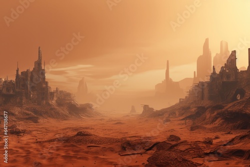 A Barren Wasteland With Ruins And Sandstorms Panoramic Background Generative Ai