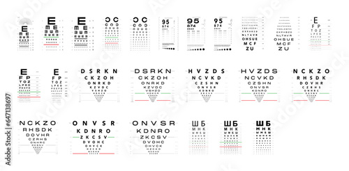 Set of Eye Test Charts medical illustration. Line vector sketch style outline isolated on white background. Vision test board optometrist ophthalmic for visual examination, Checking optical glasses