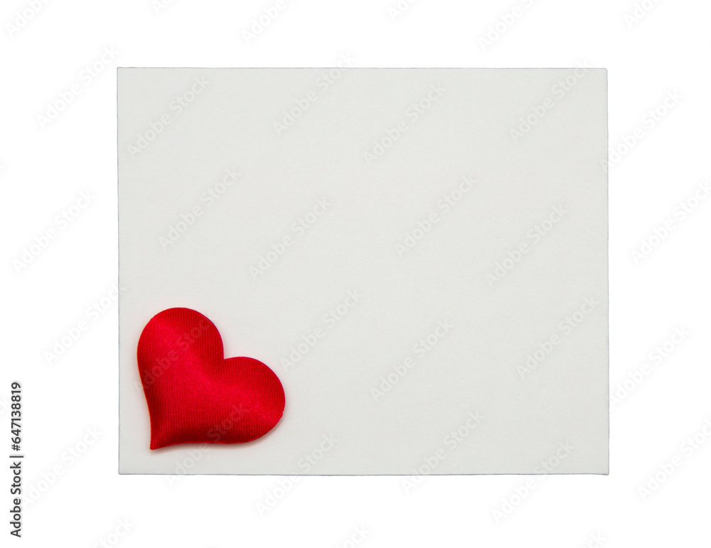 White card with red heart isolated on white background