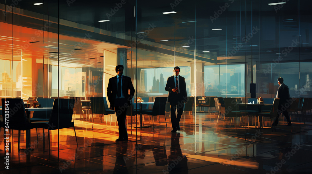 Corporate world in motion, blurred conference room, dark amber, indigo, luxurious professionalism. Corporate world in motion, blurred conference room, dark amber, indigo, luxurious professionalism.