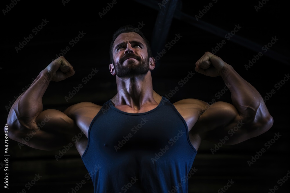 A Man Flexing His Muscles In The Dark Working Out In The Dark, Muscle Building Tips, Exercising With No Natural Light, Training With Motivation, Practicing Selfdiscipline, Positive Body Image