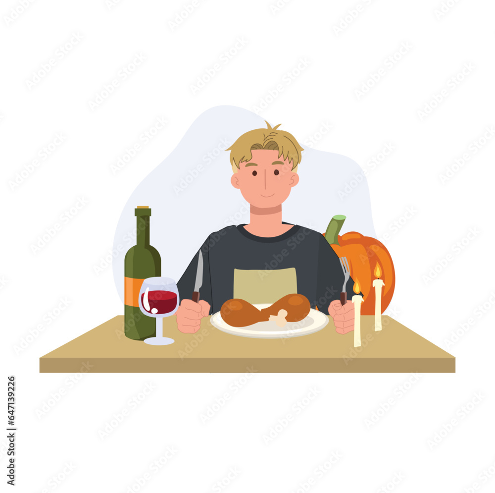 Festive Thanksgiving Dinner. Man Celebrating Thanksgiving Feast with Turkey Drumstick Festive Thanksgiving Dinner. Man Celebrating Thanksgiving Feast with Turkey Drumstick