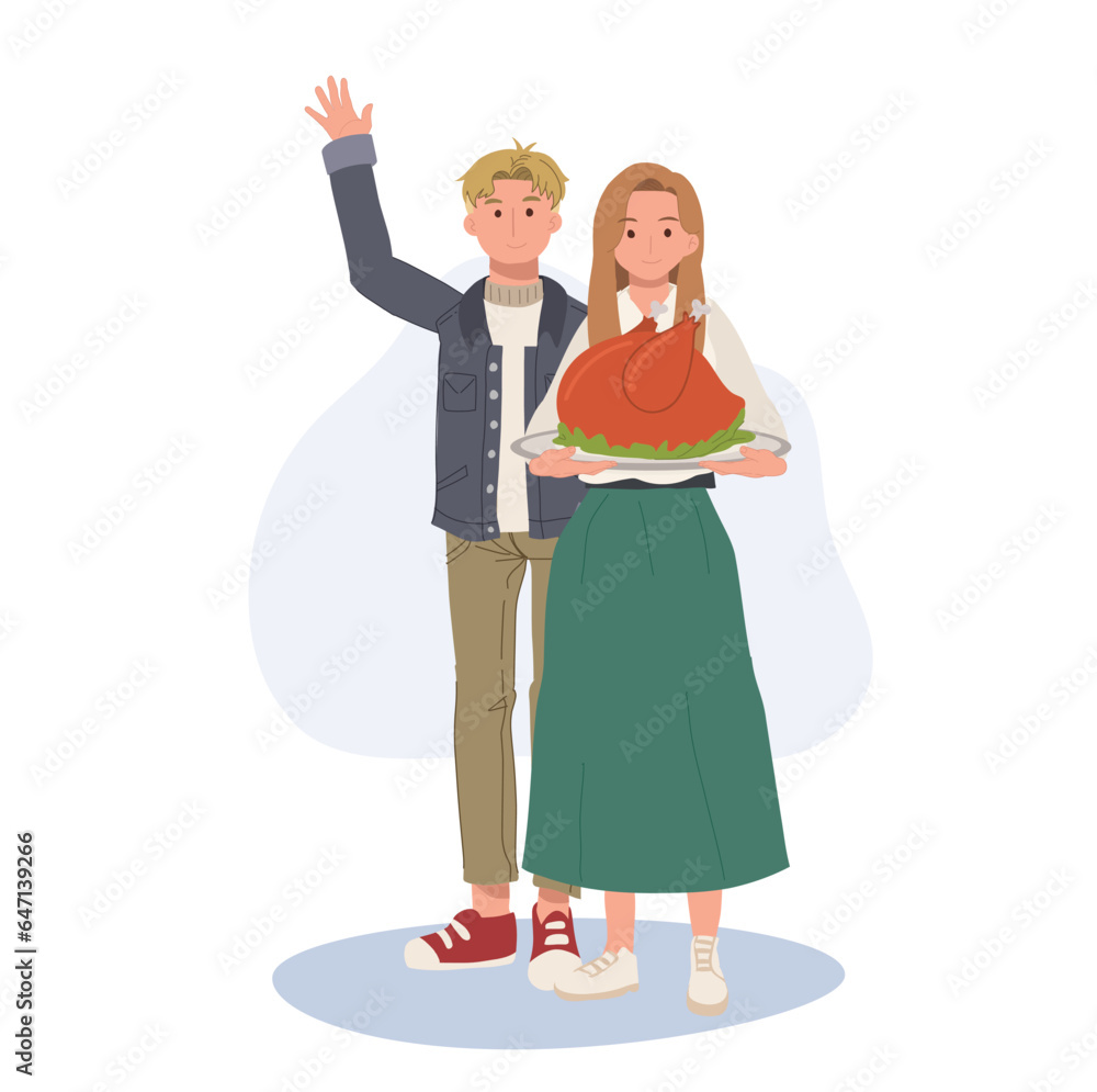 Man and Woman with Roasted Turkey. Festive Thanksgiving Meal. Flat vector cartoon illustration Man and Woman with Roasted Turkey. Festive Thanksgiving Meal. Flat vector cartoon illustration