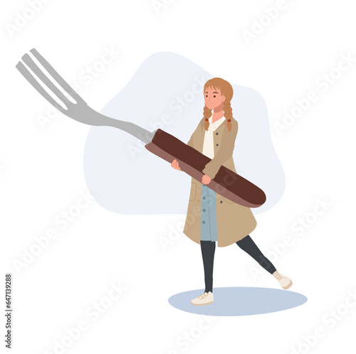 Tiny Human Holding a Fork.  Tiny woman with giant kitchen Utensils. © Thidarat