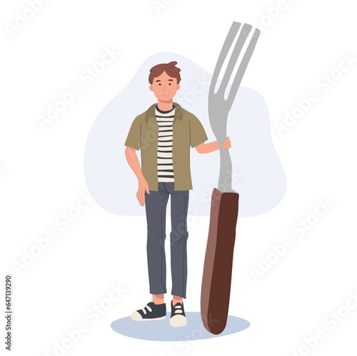 Tiny Human Holding a Fork.  Tiny man with giant kitchen Utensils.