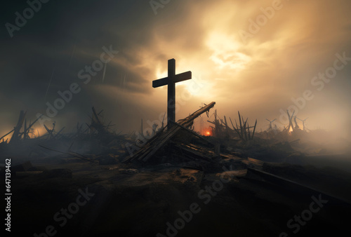 Fototapeta Horrors of war. Cross standing above destruction