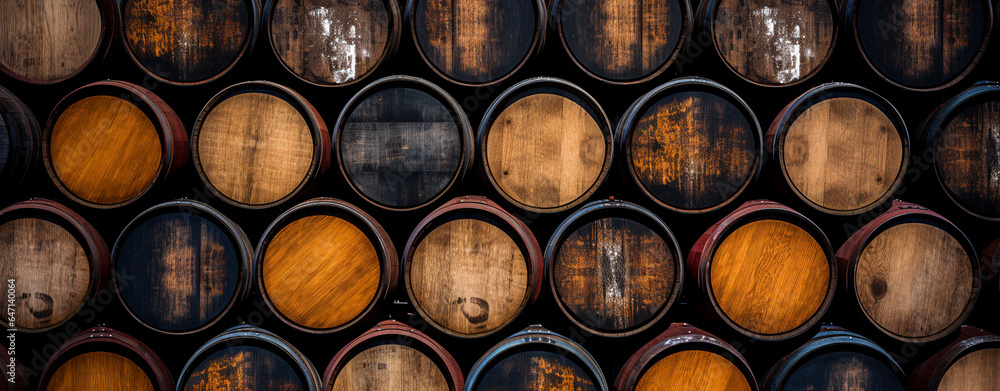 Wooden wine barrels in a cellar, creating an ambiance of rustic winemaking tradition Wooden wine barrels in a cellar, creating an ambiance of rustic winemaking tradition