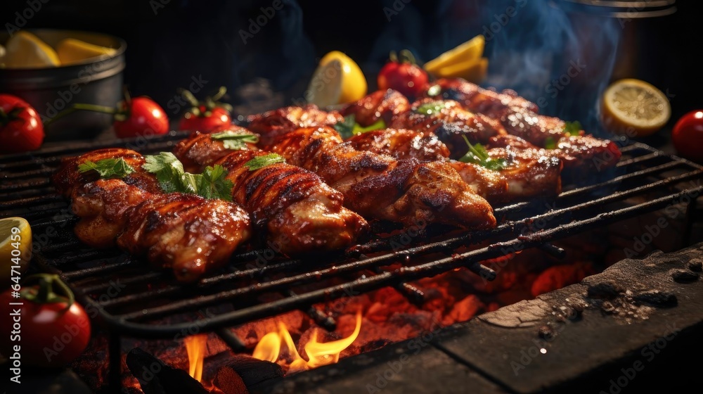 grilled barbeque with melted barbeque sauce and cut vegetables, blur background grilled barbeque with melted barbeque sauce and cut vegetables, blur background