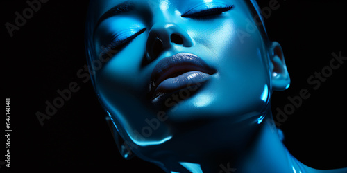 portrait of a young woman with closed eyes in blue light