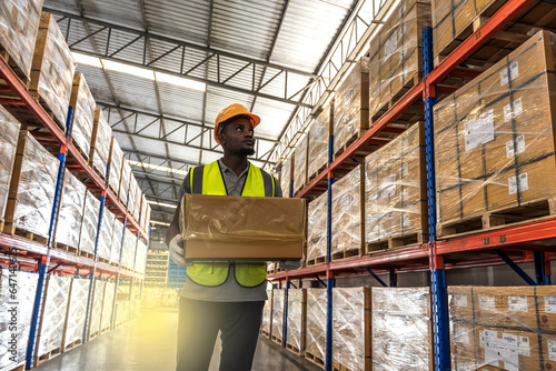 Black factory worker man holding box working in warehouse