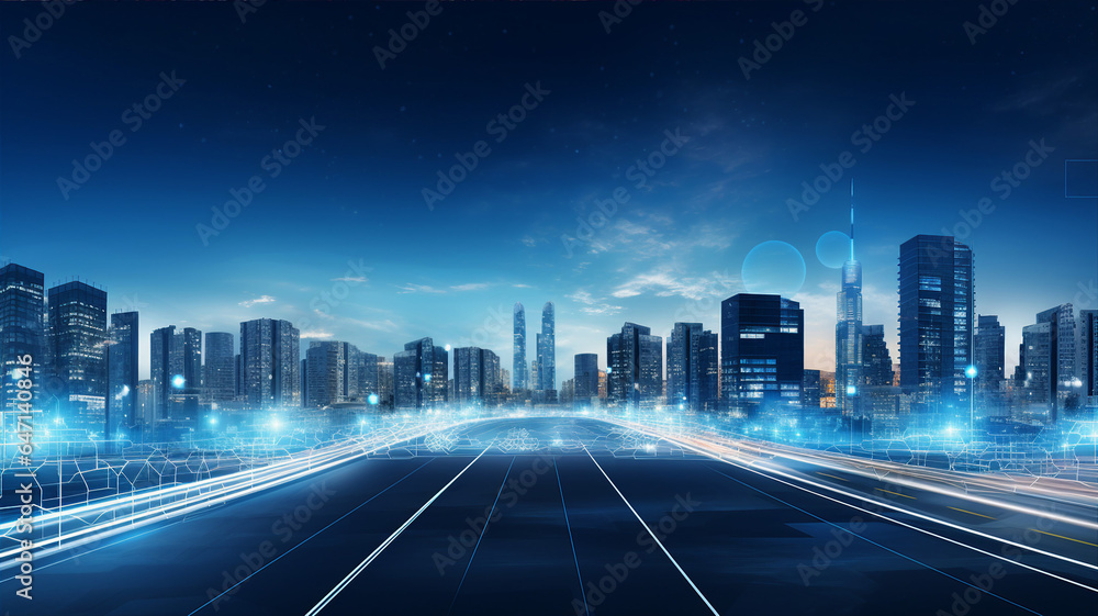 5g network, innovation communication technology, urban landscape with road and buildings