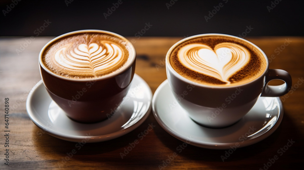 Two coffee cup with milk and art, cafe wooden table Two coffee cup with milk and art, cafe wooden table