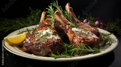 Grilled lamb chops with barbeque sauce on a plate with black and blurry background