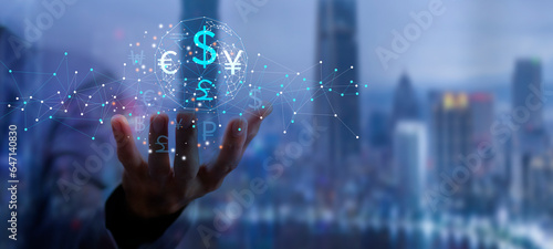 Foto currency exchange rate symbol with hand holding global network and space blue ba
