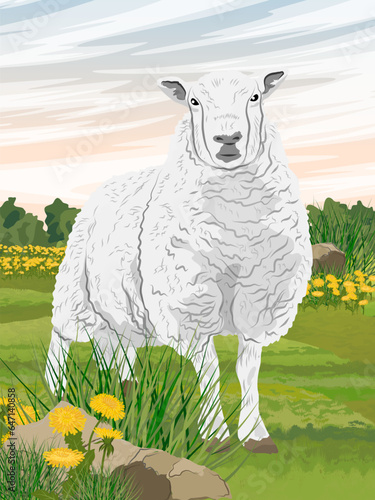 A white sheep stands on a green summer meadow with green grass and dandelions. Farm animals. Sunset at the farm. Realistic vector vertical landscape