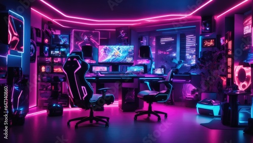 A neon-lit games room with a futuristic cyber gamer computer, surrounded by a sea of vibrant colors and flashing lights.