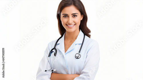 Happy young female doctor, medical uniform, nurse, pharmacist, white isolated background