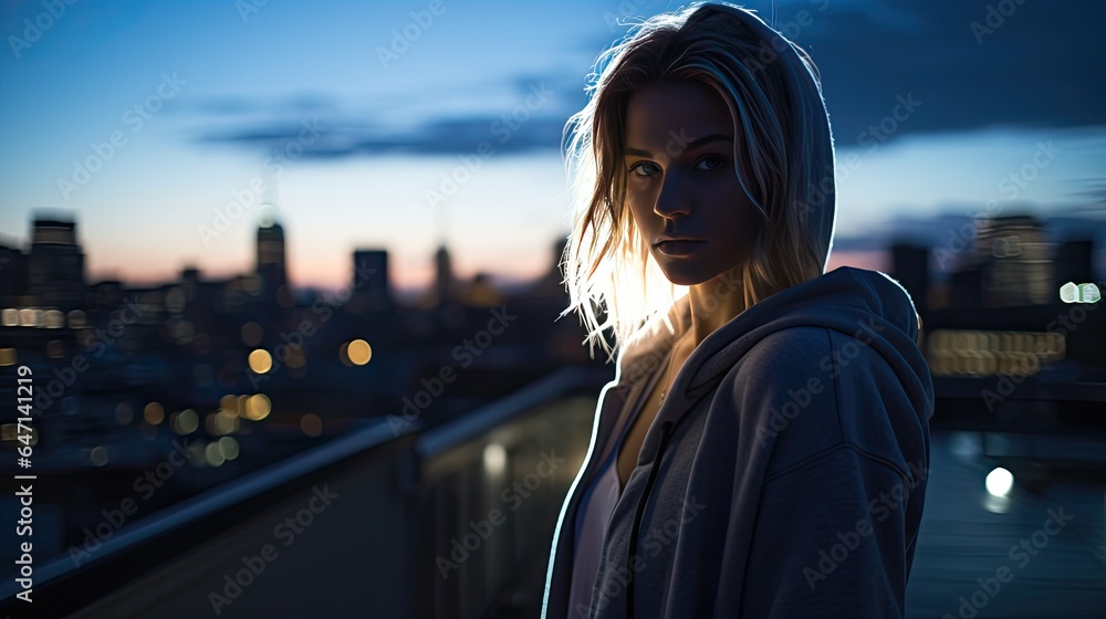 Model on a rooftop during twilight, with the city's ambient lights creating a moody backdrop.