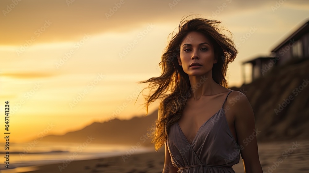 Model on a beach during a cloudy sunset, with the residual golden light casting long shadows.