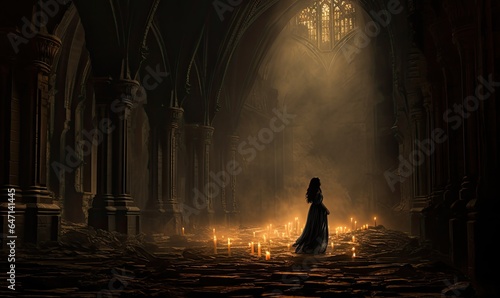 Photo of a person standing in a dark cathedral with a light at the end