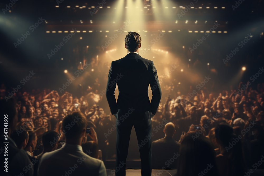 Back View of Businessman Standing on Stage in Front of Audience with Confidence AI Generative