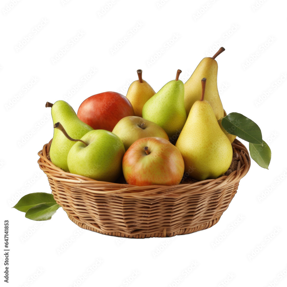 Pears and apples in a basket with carved details isolated on transparent background