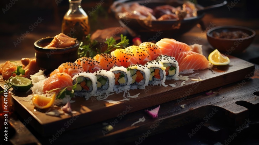 fresh sushi full of meat and vegetables on wooden table with black and blur background fresh sushi full of meat and vegetables on wooden table with black and blur background