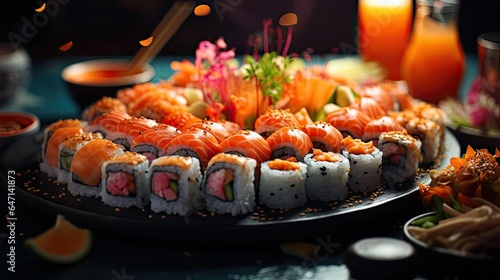 fresh sushi full of meat and vegetables on wooden table with black and blur background