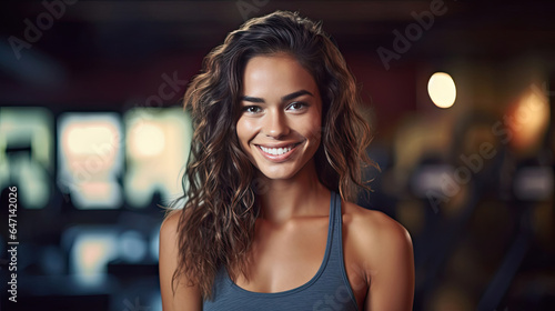 A smiling of Beautiful young woman wearing fitness fashion in a gym. Generative Ai