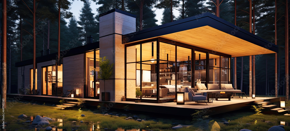 Obraz premium Exterior in minimal style, Modern house in forest at night, Loft home design of modern, illustration