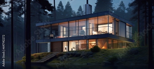 Exterior in minimal style, Modern house in forest at night, Loft home design of modern, illustration