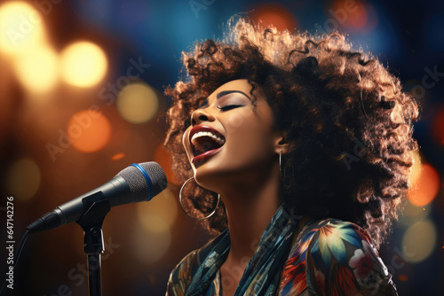 Beautiful excited African American woman singing into a microphone on stage with her eyes closed