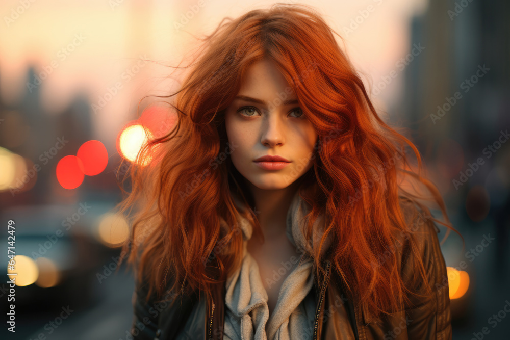 Attractive red-haired young woman on an autumn street in the city Attractive red-haired young woman on an autumn street in the city