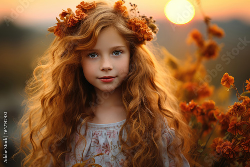 Beautiful red-haired girl with a flower wreath in a field
