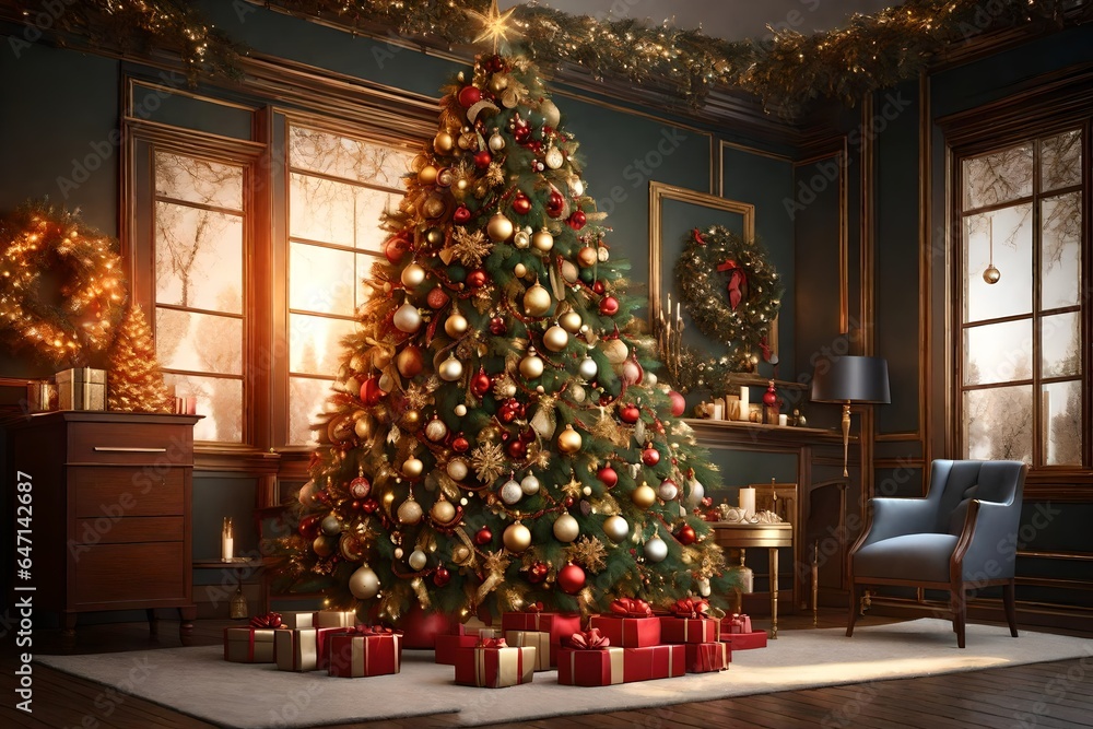  3D rendering of a gracefully decorated Christmas tree in a traditional setting. Emphasize the timeless elegance of the tree with ornaments in rich colors and classic holiday decor