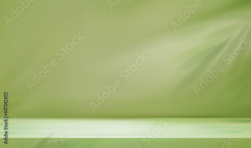 3d green stage table studio background for product presentation. Corner lime room, wall shadow leaves, light empty floor. Abstract green showroom. Vector illustration