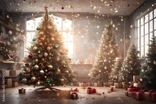 3D rendering of an unadorned Christmas tree, with the decorations suspended in mid-air around it. Capture the moment of transformation as the tree is magically dressed for the holidays. photo