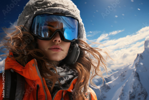 Young woman snowboarder in equipment on the mountain slope