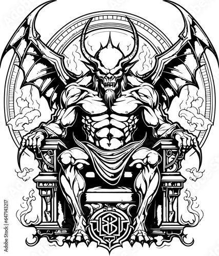 Canvastavla This striking vector illustration features a powerful demon seated upon a throne, exuding an aura of malevolence and authority