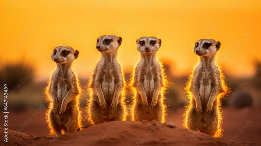 Fototapeta premium Group of Meerkats standing with a desert landscape and distant mountains. Generative Ai