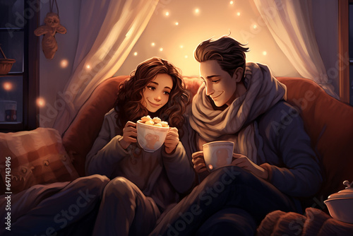 couple enjoying a movie night with popcorn and cozy blankets at home. AI generated