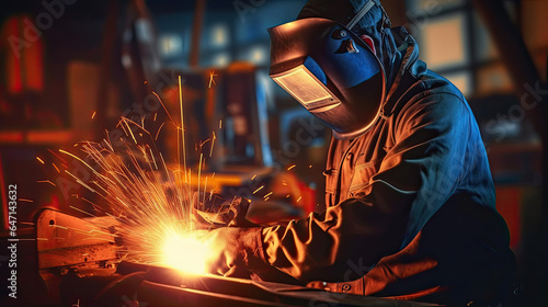 Worker or Welder wear safety gear who perform arc welding in the factory. Generative Ai
