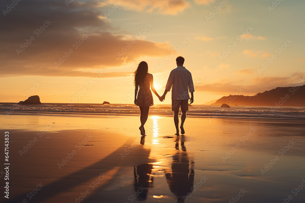 happy young couple holding hands and walking along a sunlit beach. AI generated