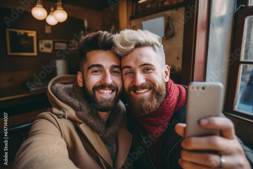 Sweet gay couple taking a selfie together. AI generated