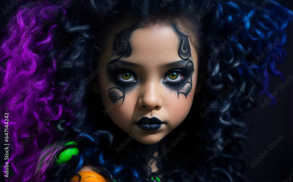 Kids Girls Halloween wear costume and make up as medusa, photo studio